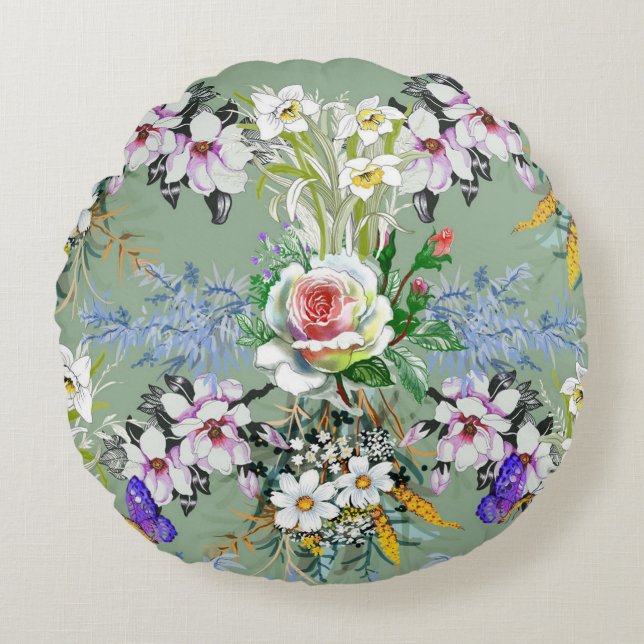 Schöne Blumenmuster Rose Wildblumen Grün Rundes Kissen (Vorderseite)