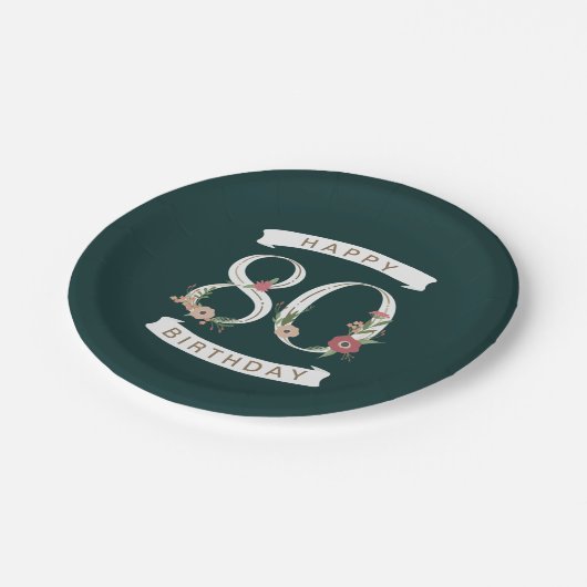 Schöne Blumennummern 80. Geburtstag Pappteller (Schrägansicht)