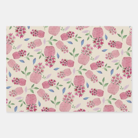 Schöne Blumentöpfe Wasserfarbe in Weiß Geschenkpapier Set (Vorderseite 2)