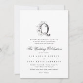 Schöne Blumenzunge "Q" Monogramm gezeichnete Hochz Einladung (Vorderseite)