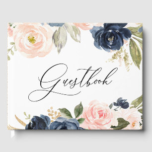 Schöne Blush & Navy Blumenfrühlings Hochzeit Gästebuch