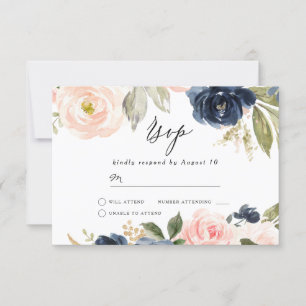 Schöne Blush & Navy Blumenfrühlings Hochzeit RSVP Karte