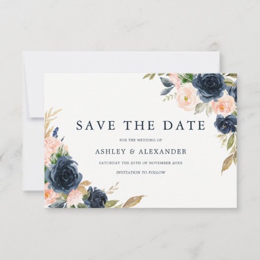 Schöne Blush & Navy Blumenhochzeit Save The Date (Vorderseite)