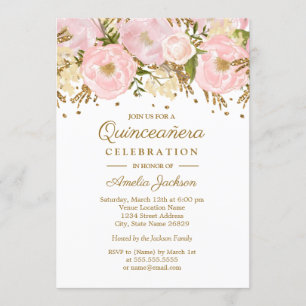 Schöne Blush Pink Gold Blumen Quinceanera Einladung