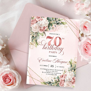 Schöne Blush-Pink-Wasserfarbe-Floral-70-Geburtstag Einladung