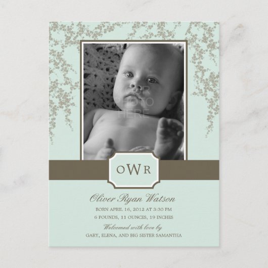 Schöne Blüten Baby Birth Announcement (Aloe) Ankündigungspostkarte (Vorderseite)