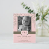 Schöne Blüten Baby Birth Announcement (Pink) Ankündigungspostkarte (Stehend Vorderseite)
