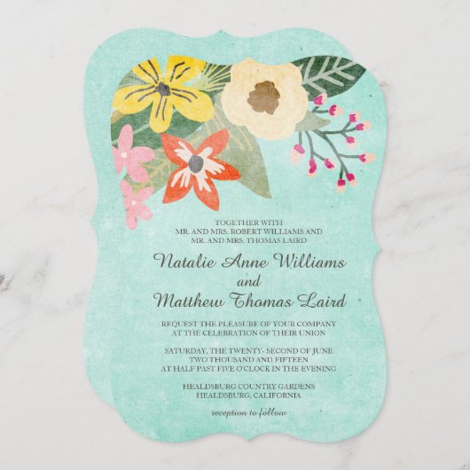 Schöne Blütenfarbe Blumenzwiebelhochzeit / Aqua Einladung (Vorne/Hinten)