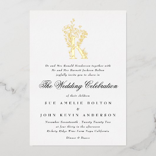 Schöne Blütenglocke-Monogramm-Hochzeit Folieneinladung (Vorderseite)