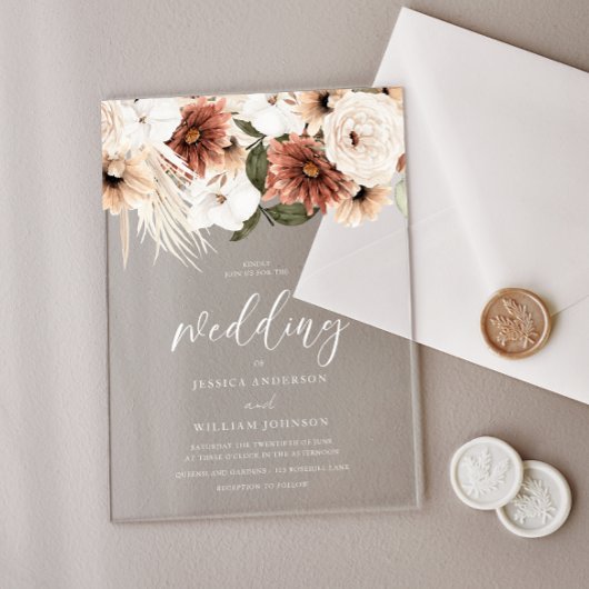 Schöne Boho-Blumen Hochzeit mit Frost-Effekt Acryleinladungen