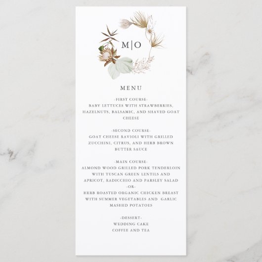 Schöne Boho Botanical Wedding Menu Card Programm (Vorderseite)