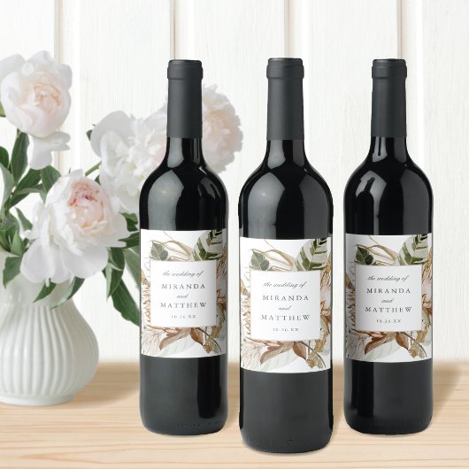 Schöne Boho Botanische Blütenhochzeit Weinetikett