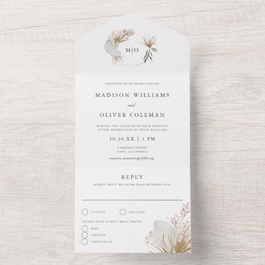 Schöne Boho Botanische Monogramm-Hochzeit All In One Einladung (Innen)