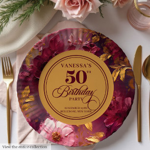 Schöne Boho-Maroon-Roségoldene 50. Geburtstagsplat Pappteller