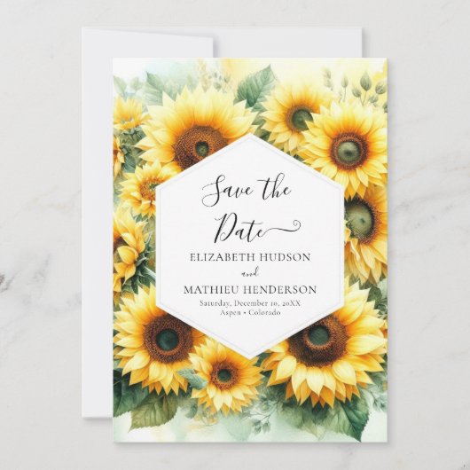 Schöne Boho Sonnenblumenhochzeit Save The Date (Vorderseite)