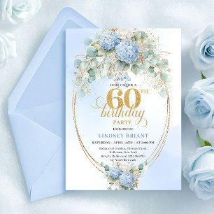 Schöne Boho-Staubblau-Blumen-Gold-60-Geburtstag Einladung