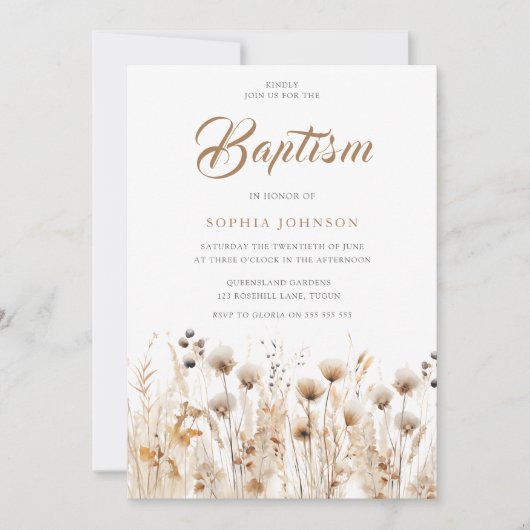 Schöne Boho Wasserfarbe Wildblume Taufe Einladung (Vorderseite)