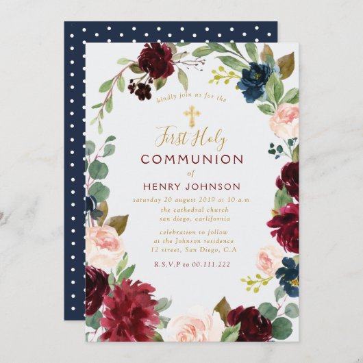 Schöne bordeauxfarbene erste heilige Gemeinde Einladung (Vorne/Hinten)