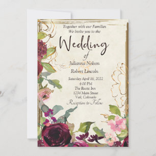 Schöne bordeauxrosa und goldene Hochzeit Einladung