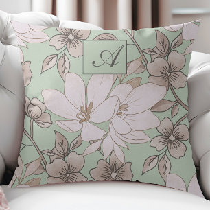 Schöne botanische Blume und Blätter hellgrün Kissen