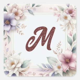 Schöne Botanische Monogramm für Wasserfarben Quadratischer Aufkleber