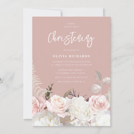 Schöne botanische Rose Taufe Christening Einladung (Vorderseite)