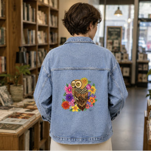Schöne Braune Eule Farbige Blumenbouquet Jeansjacke