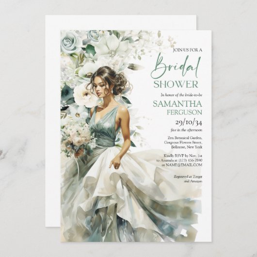 Schöne Braut mit Hochzeitskleid und Bouquet Einladung (Vorne/Hinten)