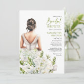 Schöne Braut mit üppigen weißen Blume im Bouquet Einladung (Stehend Vorderseite)