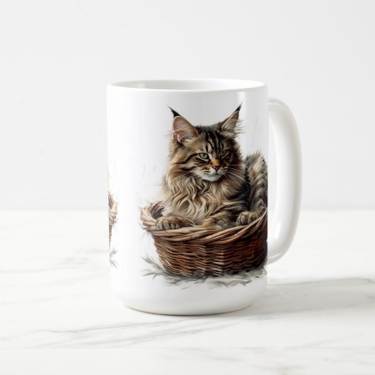 SCHÖNE, BROWBBY-MAINE-COON-KATZE IN BASKET KAFFEETASSE (VorderseiteRechts)