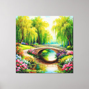 Schöne Brücke in einer blühenden Landschaft Leinwanddruck