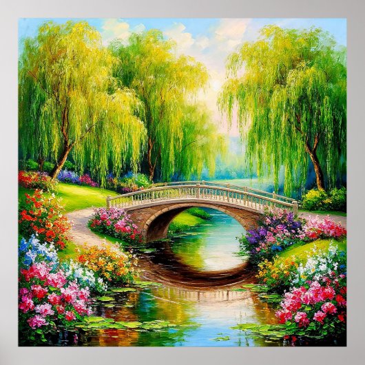 Schöne Brücke in einer blühenden Landschaft Poster (Vorne)