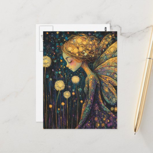 Schöne bunte Löwenzahnfee  Postkarte (Vorderseite/Rückseite Beispiel)