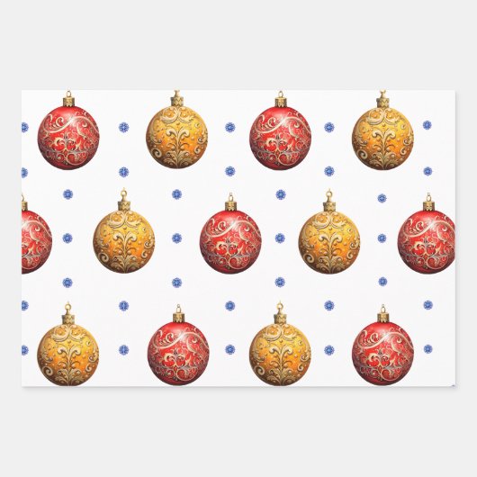 Schöne bunte Weihnachtsschmuck auf Weiß Geschenkpapier Set (Vorderseite)