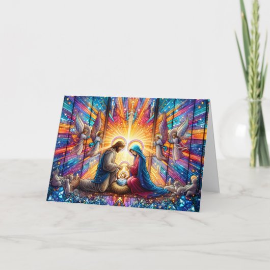 Schöne Buntglas-Weihnachtskrippe Feiertagskarte (Vorderseite)
