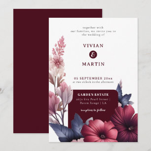 Schöne Burgund & Blush Pink Magnolia Hochzeit Einladung
