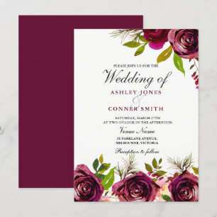 Schöne Burgund Deep Red Floral Wedite einladen Einladung