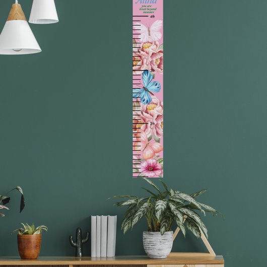 Schöne Butterfly Pink Floral Girls Wachstumsdiagra Poster (Wohnzimmer 1)
