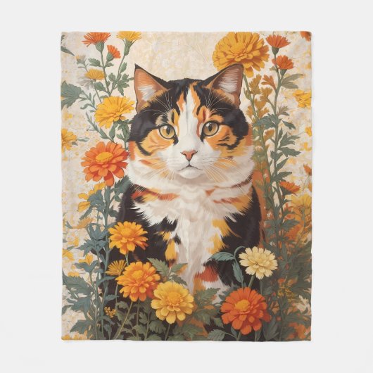 Schöne Calico Katze mit marigold Blume Fleecedecke (Vorderseite)