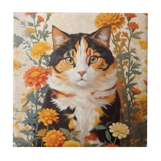 Schöne Calico Katze mit marigold Blume Fliese (Vorderseite)
