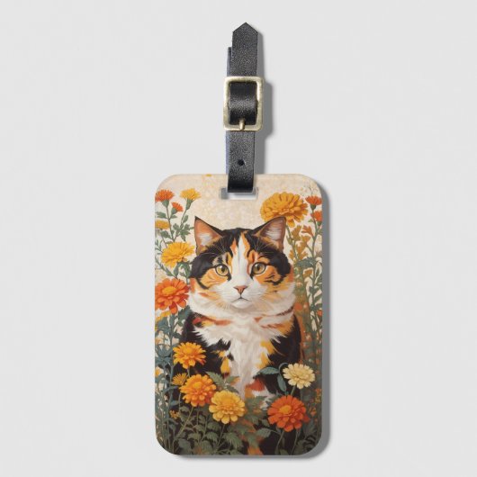 Schöne Calico Katze mit marigold Blume Gepäckanhänger (Vorderseite Vertikal)