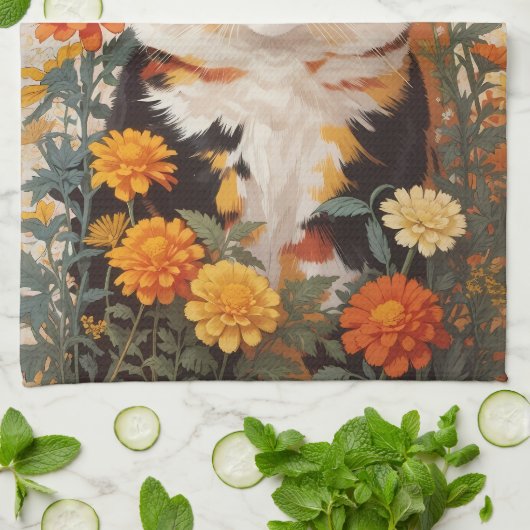 Schöne Calico Katze mit marigold Blume Geschirrtuch (Gefaltet)