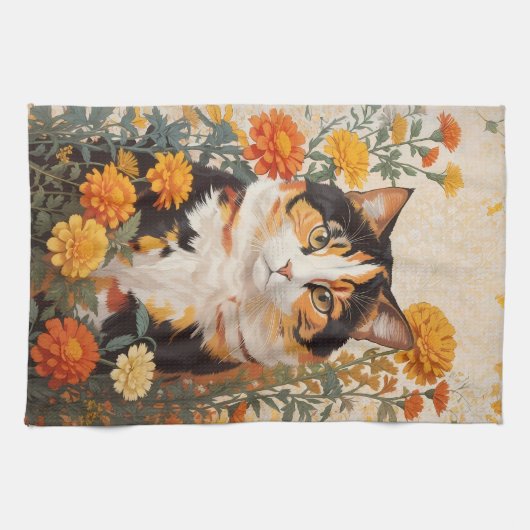 Schöne Calico Katze mit marigold Blume Geschirrtuch (Horizontal)