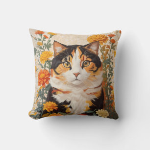 Schöne Calico Katze mit marigold Blume Kissen
