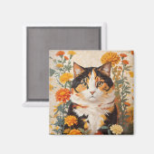 Schöne Calico Katze mit marigold Blume Magnet (Vorderseite/Rückseite)