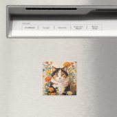 Schöne Calico Katze mit marigold Blume Magnet (In Situ (Geschirrspüler))