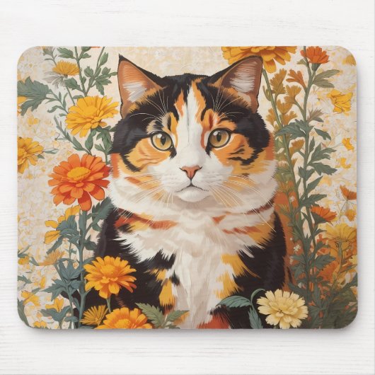 Schöne Calico Katze mit marigold Blume Mousepad (Vorne)