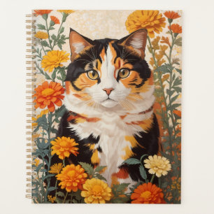 Schöne Calico Katze mit marigold Blume Planer