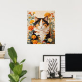 Schöne Calico Katze mit marigold Blume Poster (Heimbüro)