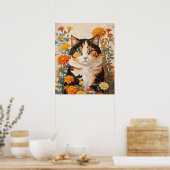 Schöne Calico Katze mit marigold Blume Poster (Küche)